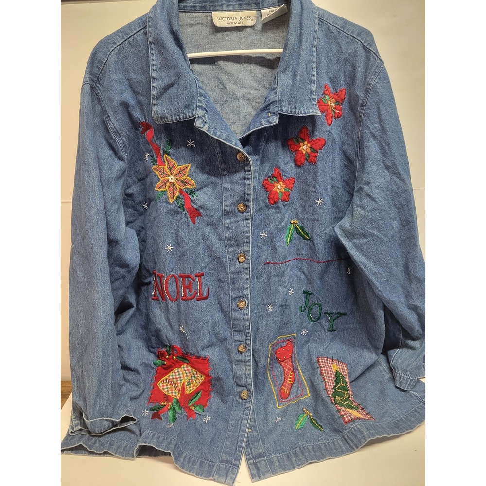 Victoria‎ Jones Woman Denim Christmas Shirt Jacket NOEL JOY Embellished 2X